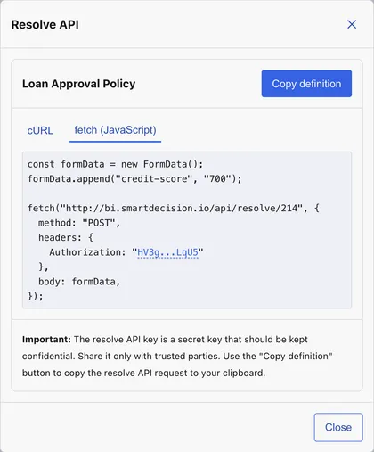 The SmartDecision resolve API with curl and fetch examples